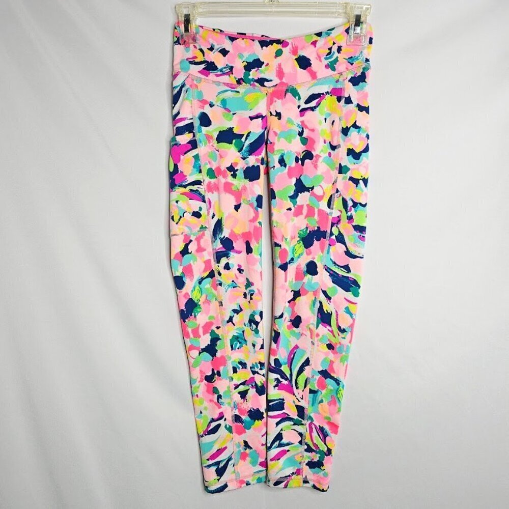 LILLY PULITZER Luxletic Midi Leggings PINA COLADA CLUB PINK BLUE size XS 2 Crop - Picture 2 of 5